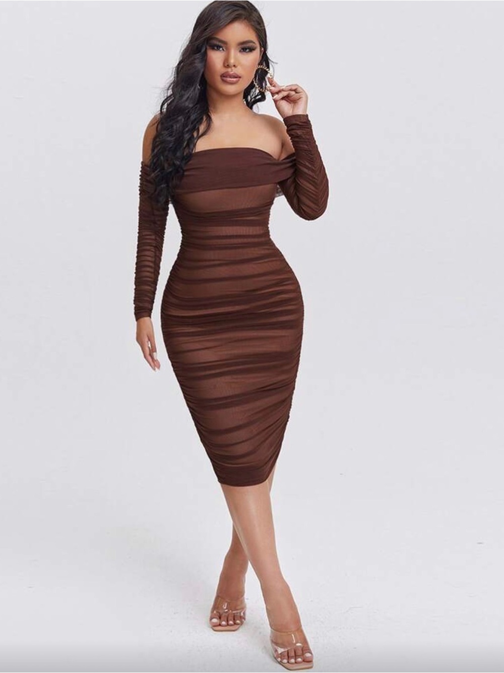 SHEIN Brown Off-Shoulder Ruched Midi Dress